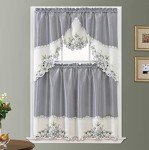 GOHD Arch Floral Kitchen Curtain Set/Swag Valance & Tier Set. Nice Matching Color Floral Embroidery on Border with cutworks (Silver Grey)