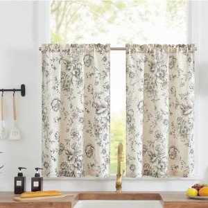 jinchan Floral Linen Tier Curtains 36 Inch Farmhouse Botanic Cafe Drapes for Small Windows Rustic Half Window Curtains for Kitchen Living Room Bathroom Laundry 2 Panels Black on Beige