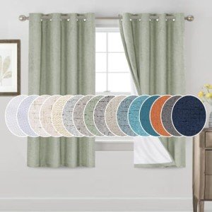 PrinceDeco 100% Blackout Linen Curtains 63 Inches Long 2 Panels Thermal Insulated Burlap Curtain with White Liner Grommet Room Darkening Textured Curtains for Bedroom Living Room (52x63 inch,Sage)
