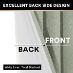 PrinceDeco 100% Blackout Linen Curtains 63 Inches Long 2 Panels Thermal Insulated Burlap Curtain with White Liner Grommet Room Darkening Textured Curtains for Bedroom Living Room (52x63 inch,Sage)