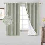 PrinceDeco 100% Blackout Linen Curtains 63 Inches Long 2 Panels Thermal Insulated Burlap Curtain with White Liner Grommet Room Darkening Textured Curtains for Bedroom Living Room (52x63 inch,Sage)