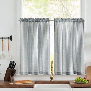 jinchan Linen Kitchen Curtains 36 Inch Length Striped Tier Curtains Ticking Stripe Small Drapes for Living Room Bathroom Cafe Small Window Farmhouse Rustic Pinstripe Rod Pocket 2 Panels Blue