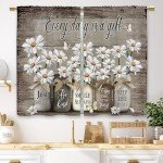 Laifzere Farmhouse Floral Kitchen Curtains Daisy Rustic Vintage Flower Inspirational Small Short Cafe Window Curtains Wooden Country Quotes Bathroom Tier Window Treatment Drapes (27.5x39 Inch)