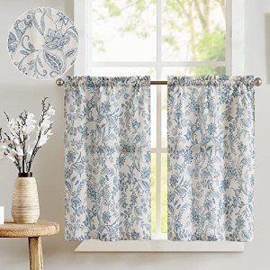 jinchan Floral Kitchen Curtains for Windows 36 Inch Linen Tier Farmhouse Cafe Curtains Country Botanic Small Window Rod Pocket Rustic Flax for Laundry Bathroom RV 2 Panels Blue on Beige