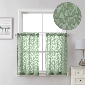 Lecloud Leia 36 Inch Sheer Curtains Sage Green Tiers for Kitchen 2 Pieces, Double Rod Pockets Window Living Room Curtain for Small Window, Jacquard Leaves Voile Bathroom/Bedroom Drapes, 38x36 Inches