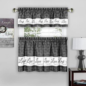 Tier and Valance Window Curtain Set - 58 Inch Width, 24 Inch Length - Live, Love, Laugh (Charcoal) - Light Filtering Drapes for Kitchen, Bedroom, Living & Dining Room by Achim Home Decor