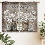 Laifzere Farmhouse Floral Kitchen Curtains Daisy Rustic Vintage Flower Inspirational Small Short Cafe Window Curtains Wooden Country Quotes Bathroom Tier Window Treatment Drapes (27.5x39 Inch)