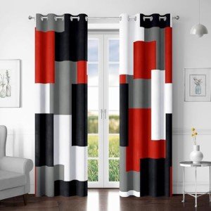 Tyrot Red Black 100% Blackout Curtains for Bedroom 63 inch Length 2 Panels Set White Grey Modern Abstract Geometric Black Out Curtains Insulated Room Darkening Window Drapes for Living Room, 52Wx63L