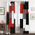 Tyrot Red Black 100% Blackout Curtains for Bedroom 63 inch Length 2 Panels Set White Grey Modern Abstract Geometric Black Out Curtains Insulated Room Darkening Window Drapes for Living Room, 52Wx63L