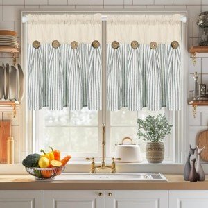 ASPMIZ Cotton Linen Kitchen Curtains 24 Inch Length Tier Curtains for Small Window Treatment, Boho Button Half Window Curtain Farmhouse, Green Stripe Rod Pocket Short Curtains for Window, 2 Pannels