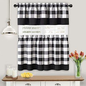 GoodGram Modern Country Farmhouse 3 Piece Buffalo Plaid Checkered Cafe Kitchen Curtain Tier & Valance Set - Assorted Colors & Sizes (Black, 24 in. L)