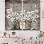 Laifzere Farmhouse Floral Kitchen Curtains Daisy Rustic Vintage Flower Inspirational Small Short Cafe Window Curtains Wooden Country Quotes Bathroom Tier Window Treatment Drapes (27.5x39 Inch)