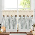 ASPMIZ Cotton Linen Kitchen Curtains 24 Inch Length Tier Curtains for Small Window Treatment, Boho Button Half Window Curtain Farmhouse, Green Stripe Rod Pocket Short Curtains for Window, 2 Pannels