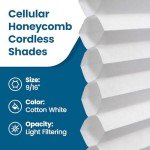 BlindsAvenue Cellular Honeycomb Cordless Shade, 9/16" Single Cell, Light Filtering, (White, 24" W x 48" H)