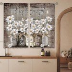 Laifzere Farmhouse Floral Kitchen Curtains Daisy Rustic Vintage Flower Inspirational Small Short Cafe Window Curtains Wooden Country Quotes Bathroom Tier Window Treatment Drapes (27.5x39 Inch)