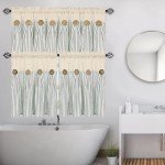 ASPMIZ Cotton Linen Kitchen Curtains 24 Inch Length Tier Curtains for Small Window Treatment, Boho Button Half Window Curtain Farmhouse, Green Stripe Rod Pocket Short Curtains for Window, 2 Pannels