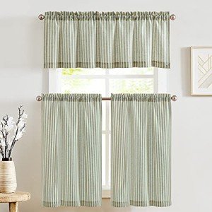 jinchan Striped Kitchen Curtains and Valance Set 24 Inch Tier Curtains Ticking Stripe Linen Small Drapes Pinstripe for Cafe Living Room Bathroom Farmhouse 3 Pieces Set Rod Pocket Sage Green
