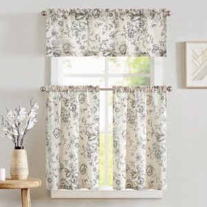 jinchan Floral Kitchen Curtains Set Linen Tier Curtains and Valance Farmhouse Drapes for Small Windows 24 Inch Length for Cafe Living Room Bathroom Rod Pocket 3 Pieces Set Black on Beige