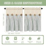ASPMIZ Cotton Linen Kitchen Curtains 24 Inch Length Tier Curtains for Small Window Treatment, Boho Button Half Window Curtain Farmhouse, Green Stripe Rod Pocket Short Curtains for Window, 2 Pannels