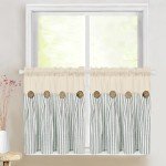 ASPMIZ Cotton Linen Kitchen Curtains 24 Inch Length Tier Curtains for Small Window Treatment, Boho Button Half Window Curtain Farmhouse, Green Stripe Rod Pocket Short Curtains for Window, 2 Pannels