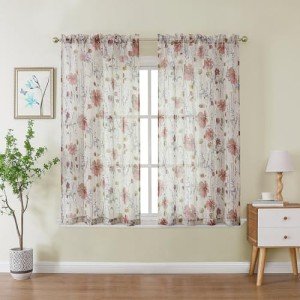 OWENIE Crushed Kitchen Window Curtains 45 Inches Length 2 Panels, Elegant Farmhouse Printed Short Semi Sheer Curtains for Cafe Bathroom Bedroom, Light Filtering Rod Pocket Curtain, 42Wx45L inch
