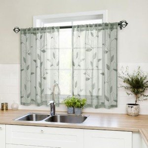 HOMEIDEAS Sage Green Sheer Kitchen Curtains 30 X 36 Inch Length 2 Panels Embroidered Leaf Pattern Short Curtains for Small Window Valance Tiers