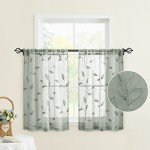 HOMEIDEAS Sage Green Sheer Kitchen Curtains 30 X 36 Inch Length 2 Panels Embroidered Leaf Pattern Short Curtains for Small Window Valance Tiers