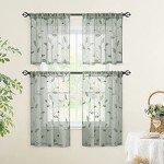 HOMEIDEAS Sage Green Sheer Kitchen Curtains 30 X 36 Inch Length 2 Panels Embroidered Leaf Pattern Short Curtains for Small Window Valance Tiers