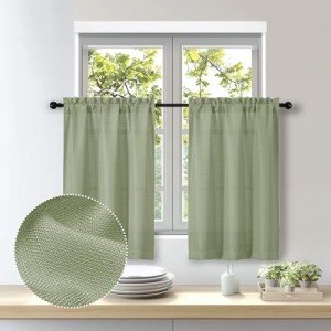 OWENIE Bob 2 Panels Sage Green Kitchen Curtains Sets for Windows 36 Inch Length, Faux Linen Textured Short Cafe Curtains Tiers for Kitchen, Rod Pocket Small Window Drapes for Bathroom, 30Wx36L Inch