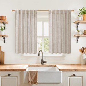 YoungsTex 40 Inch Length Linen Curtains for Kitchen Cafe Window, Natural Semi Sheer Drapes Short Length for Bathroom Bedroom Light Filtering with Rod Pocket Back Tab, 42 X 40 Inch, 2 Panels