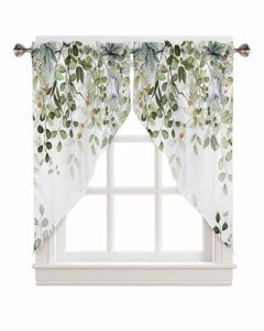 AYTTBIS Sage Green Eucalyptus Swag Curtain Valance for Windows,Watercolor Leaves Window Treatments Short Swag Topper for Kitchen Windows Bathroom Bedroom,28 x 36 Inch