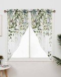 AYTTBIS Sage Green Eucalyptus Swag Curtain Valance for Windows,Watercolor Leaves Window Treatments Short Swag Topper for Kitchen Windows Bathroom Bedroom,28 x 36 Inch