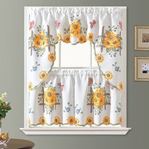 GOHD 3pcs Farmhouse Kitchen Cafe Curtain Set Air Brushed by Hand of Sunflower and Butterfly Design on Thick Satin Fabric (Swag and 24 inches Tiers Set)