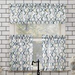 No. 918 Barker Geometric Semi-Sheer Rod Pocket Kitchen Curtain Valance and Tiers Set, 54" x 36", White