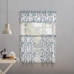 No. 918 Barker Geometric Semi-Sheer Rod Pocket Kitchen Curtain Valance and Tiers Set, 54" x 36", White