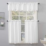 No. 918 Mariela Floral Trim Semi-Sheer Rod Pocket Kitchen Curtain Valance and Tiers Set, 58" x 24", White