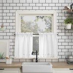 No. 918 Mariela Floral Trim Semi-Sheer Rod Pocket Kitchen Curtain Valance and Tiers Set, 58" x 24", White