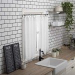 No. 918 Mariela Floral Trim Semi-Sheer Rod Pocket Kitchen Curtain Valance and Tiers Set, 58" x 24", White