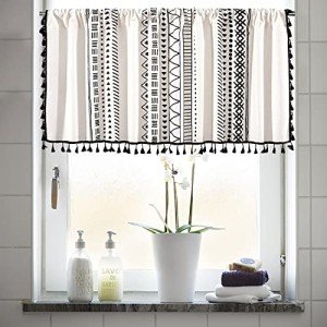 RYNGHIPY Cotton Linen Boho Curtains with Tassels Black and Ivory Striped Curtains Valances for Windows Farmhouse Window Treatment for Kitchen Bathroom 55-inch by 18-inch