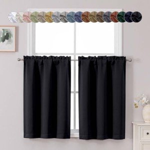 Chyhomenyc Short Black Out Curtains 36 Inch Length, Small Blackout Curtain Tier Rod Pocket Half Window Curtains for Kitchen Basement Cabinet Camper RV Bunk, 2 PCS, Each 30" Wx36 L, Black