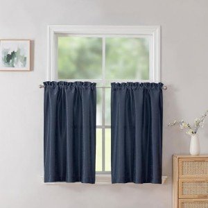 Chyhomenyc Uptown Navy Blue Kitchen Tier Curtains 36 Inch Length 2 Panels, Faux Silk Room Darkening Privacy Short Curtains for Small Window Farmhouse Bedroom Basement Bathroom, Each 30x36 Inch,