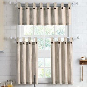 July Joy 3-Piece Cotton Tier Curtains 36 Inches Long Country Kitchen Curtains Set Tab Top for Small Window Bathroom Farmhouse 56" x 36", Linen