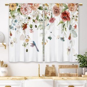 Laifzere Watercolor Floral Kitchen Curtains Flower Plant Small Short Cafe Window Curtains Rustic Colorful Wildflower Plants Blossom Spring Rod Pocket Tier Window Treatment Drapes (27.5x39 Inch)