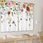 Laifzere Watercolor Floral Kitchen Curtains Flower Plant Small Short Cafe Window Curtains Rustic Colorful Wildflower Plants Blossom Spring Rod Pocket Tier Window Treatment Drapes (27.5x39 Inch)