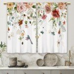 Laifzere Watercolor Floral Kitchen Curtains Flower Plant Small Short Cafe Window Curtains Rustic Colorful Wildflower Plants Blossom Spring Rod Pocket Tier Window Treatment Drapes (27.5x39 Inch)