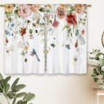 Laifzere Watercolor Floral Kitchen Curtains Flower Plant Small Short Cafe Window Curtains Rustic Colorful Wildflower Plants Blossom Spring Rod Pocket Tier Window Treatment Drapes (27.5x39 Inch)