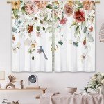 Laifzere Watercolor Floral Kitchen Curtains Flower Plant Small Short Cafe Window Curtains Rustic Colorful Wildflower Plants Blossom Spring Rod Pocket Tier Window Treatment Drapes (27.5x39 Inch)