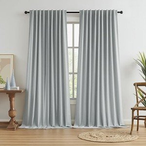 KEQIAOSUOCAI Full Blackout Linen Curtain Panels, Back Tab Rod Pocket Hook Belt Pleated Look Curtains, Energy Efficient Drapes for Living Room Patio Door Blinds Light Grey 72x120 1 Pair
