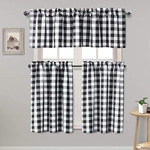 Hiasan 3 Piece Semi Sheer Kitchen Curtains - Light Filtering Buffalo Plaid Tier and Valance Window Curtains Set, Black and White, 52 W x 18 L (1 Panel) + 26 W x 36 L (2 Panels)