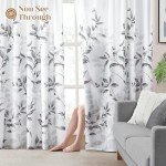 HOMEIDEAS Non-See-Through Light Grey and White Privacy Sheer Curtains 52 X 63 Inch Length 2 Panels, Leaf Floral Printed Light Filtering Semi Sheer Window Curtains Drapes for Bedroom Living Room